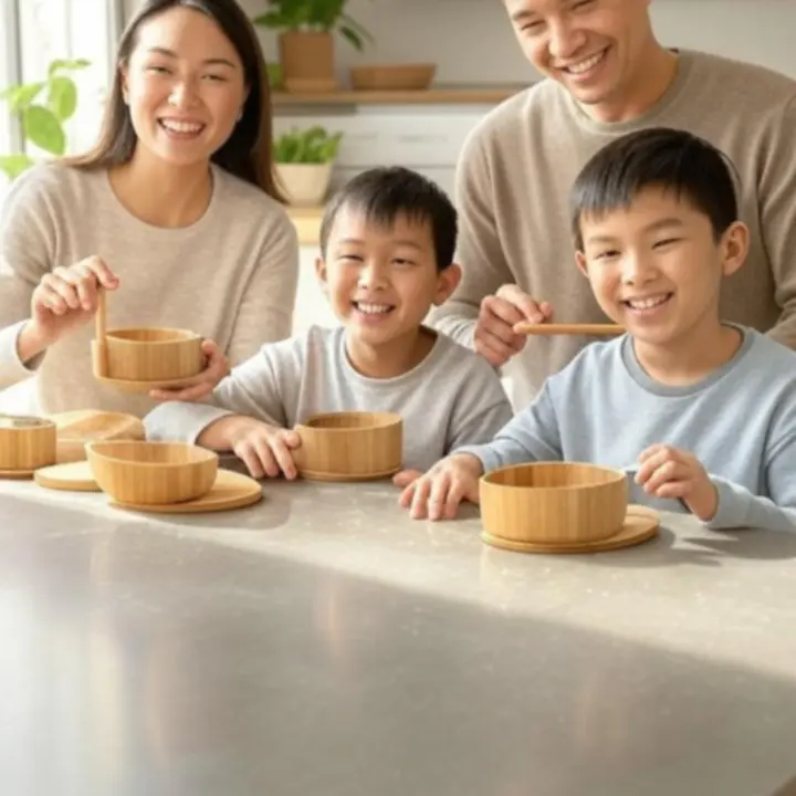 Rodzina korzystająca z bambusowych sztućców w jasnej, ekologicznej kuchni