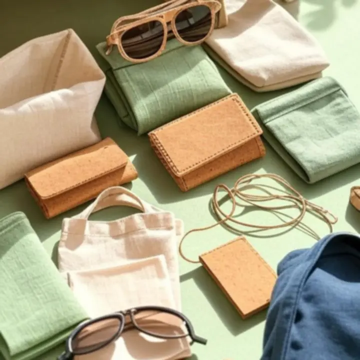 Ekologiczne akcesoria ułożone na jasnym tle w naturalnych barwach.