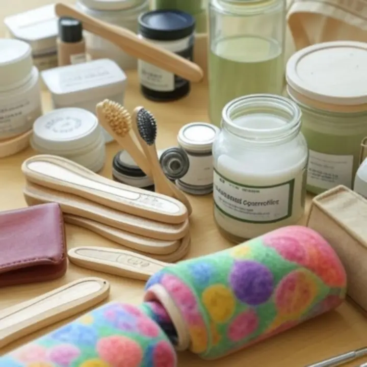 Zestaw ekologicznych kosmetyków i akcesoriów na naturalnym tle