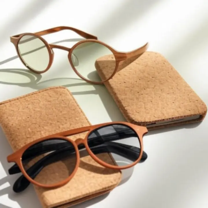 Popularne ekologiczne akcesoria, w tym okulary z bambusa i portfel z korka.