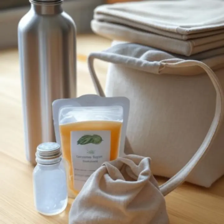 Zestaw wielorazowych produktów do domu: butelki, torby i akcesoria kuchenne